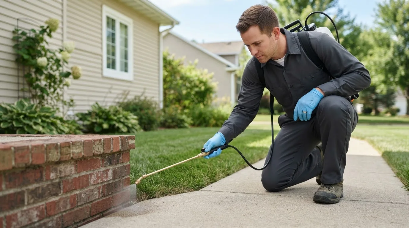 Pest control technician treating a home near Tuttle, ND